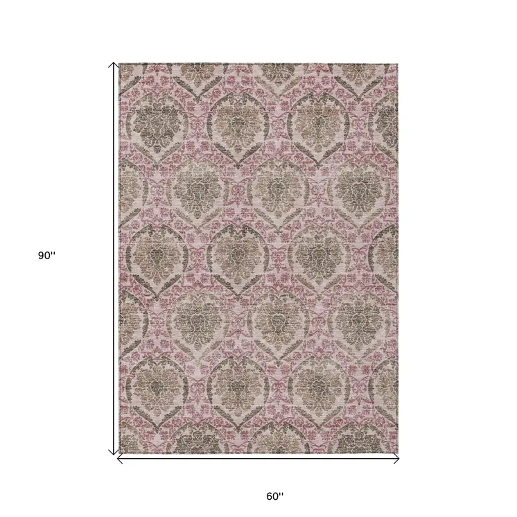 5' X 8' Chocolate Beige And Mauve Medallion Washable Indoor Outdoor Area Rug