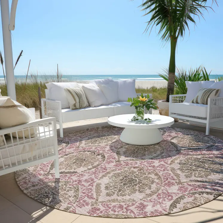 8' Chocolate Beige And Mauve Round Medallion Washable Indoor Outdoor Area Rug