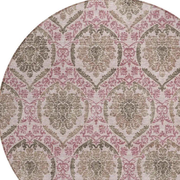 8' Chocolate Beige And Mauve Round Medallion Washable Indoor Outdoor Area Rug