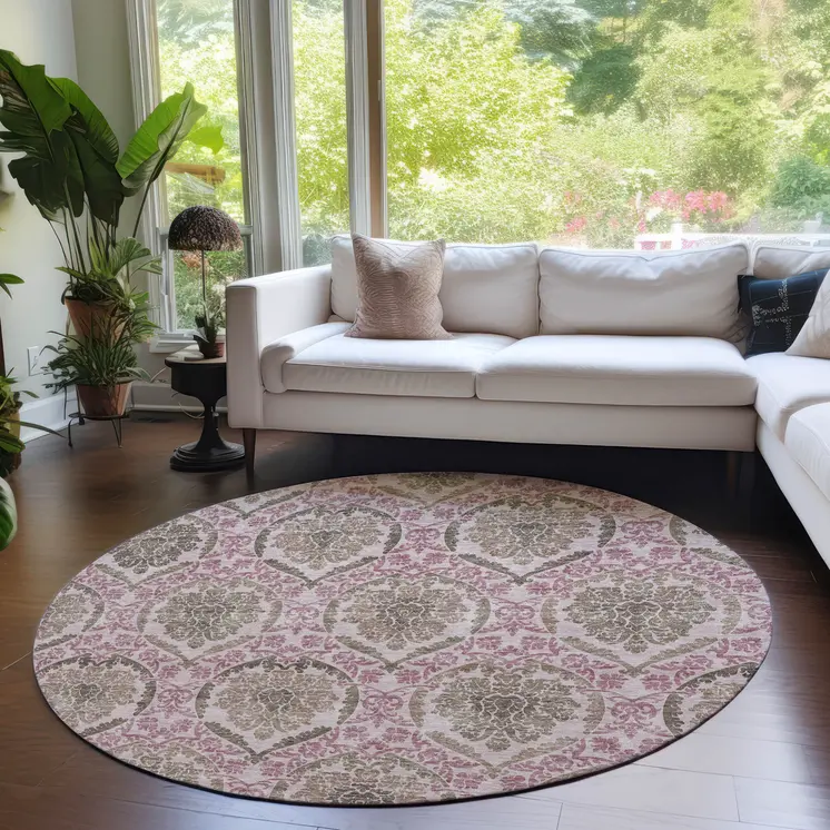 8' Chocolate Beige And Mauve Round Medallion Washable Indoor Outdoor Area Rug