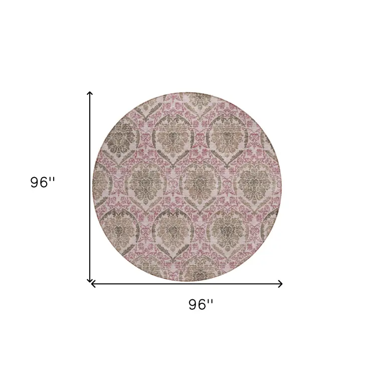 8' Chocolate Beige And Mauve Round Medallion Washable Indoor Outdoor Area Rug