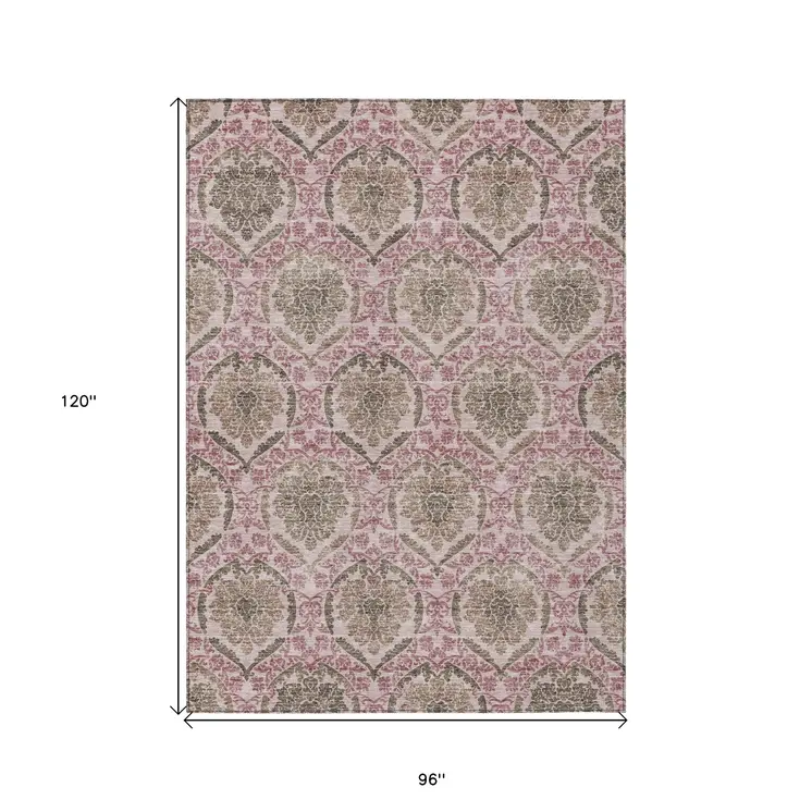 8' X 10' Chocolate Beige And Mauve Medallion Washable Indoor Outdoor Area Rug