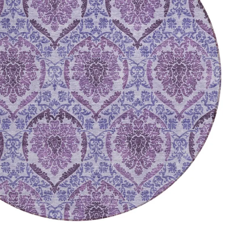 8' Eggplant Purple And Silver Round Medallion Washable Indoor Outdoor Area Rug