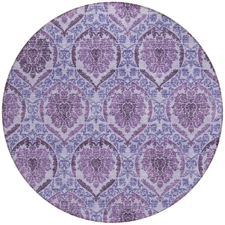 8' Eggplant Purple And Silver Round Medallion Washable Indoor Outdoor Area Rug
