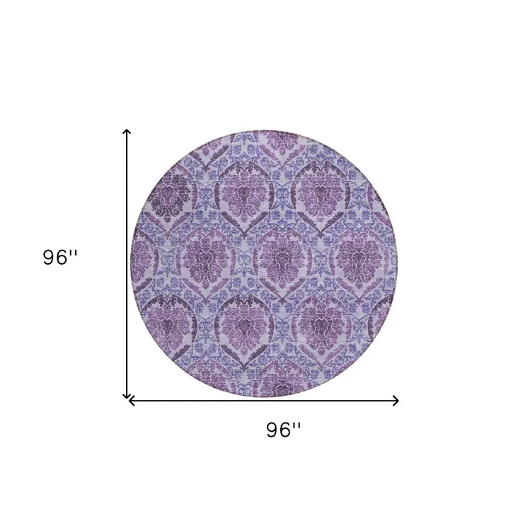 8' Eggplant Purple And Silver Round Medallion Washable Indoor Outdoor Area Rug