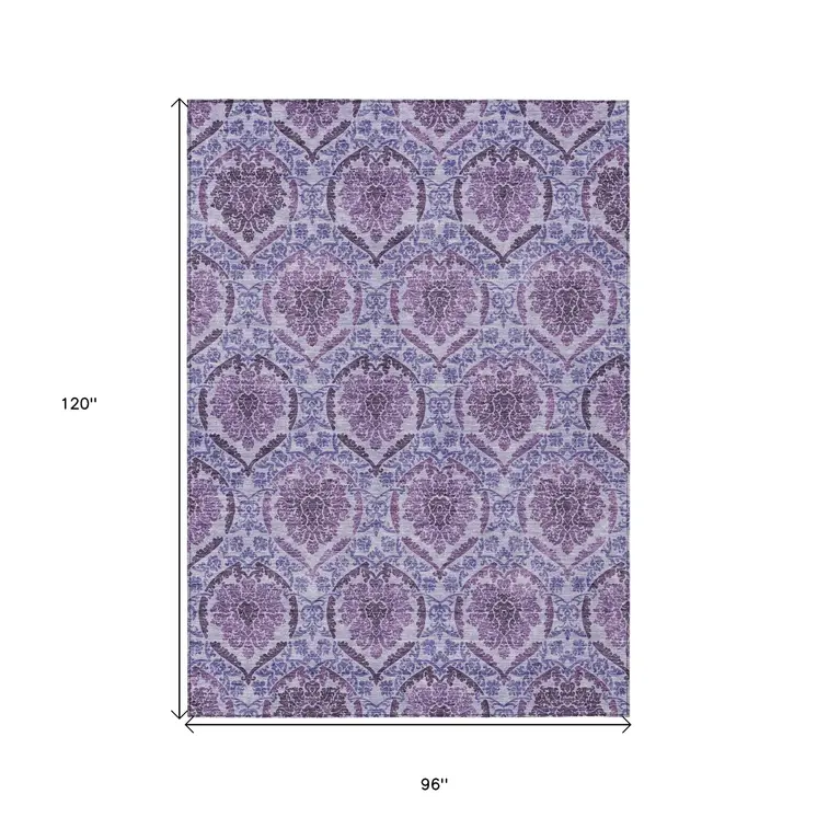 8' X 10' Eggplant Purple And Silver Medallion Washable Indoor Outdoor Area Rug