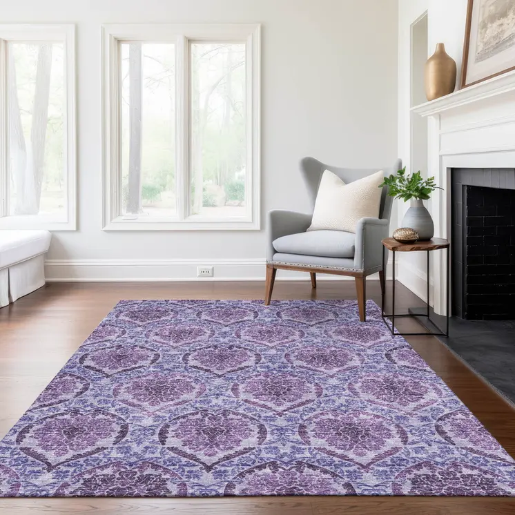 10' X 14' Eggplant Purple And Silver Medallion Washable Indoor Outdoor Area Rug