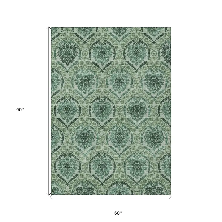 5' X 8' Fern Green And Emerald Medallion Washable Indoor Outdoor Area Rug