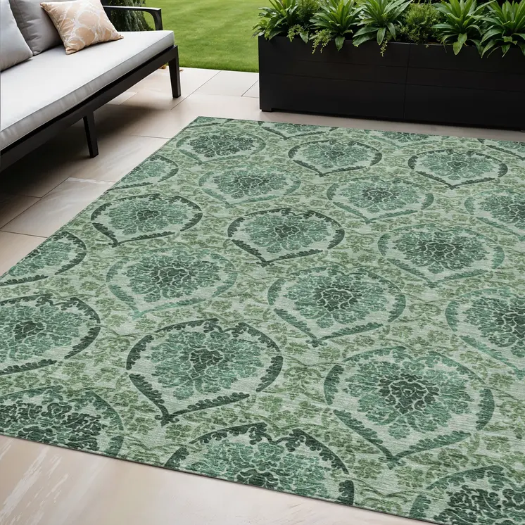 5' X 8' Fern Green And Emerald Medallion Washable Indoor Outdoor Area Rug