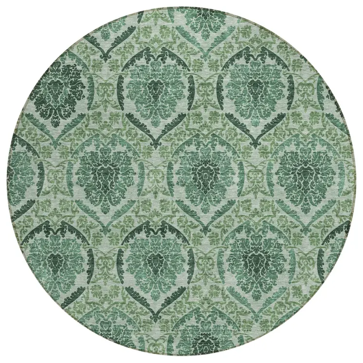 8' Fern Green And Emerald Round Medallion Washable Indoor Outdoor Area Rug