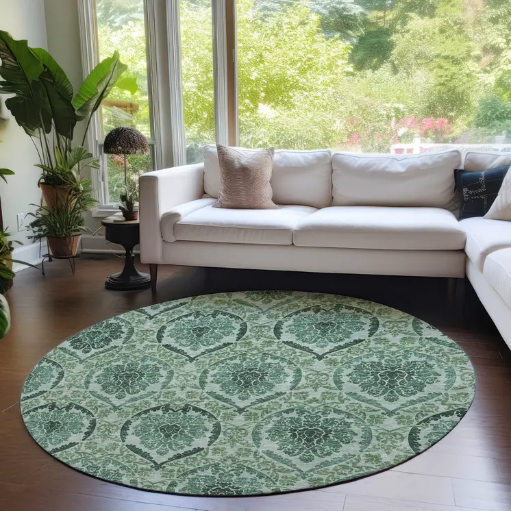 8' Fern Green And Emerald Round Medallion Washable Indoor Outdoor Area Rug