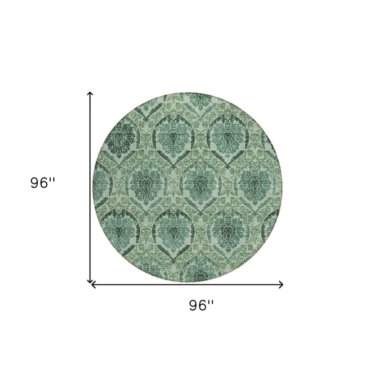 8' Fern Green And Emerald Round Medallion Washable Indoor Outdoor Area Rug