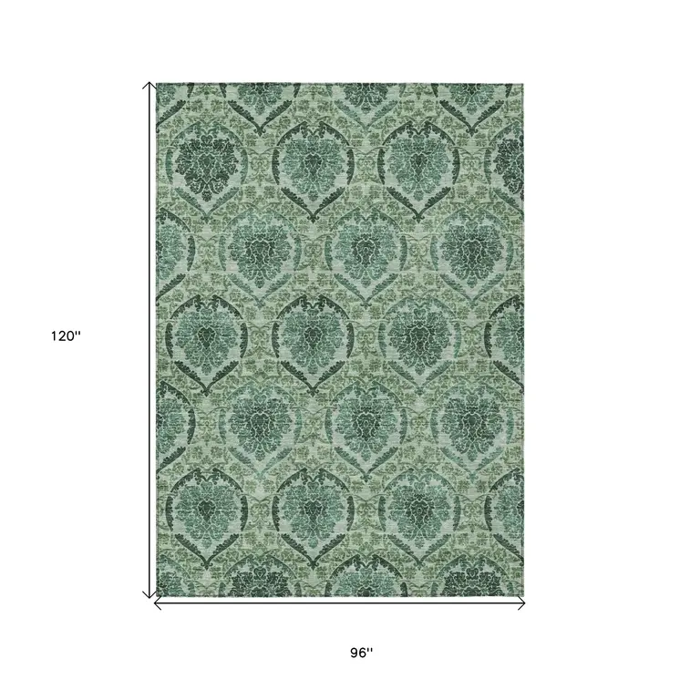 8' X 10' Fern Green And Emerald Medallion Washable Indoor Outdoor Area Rug