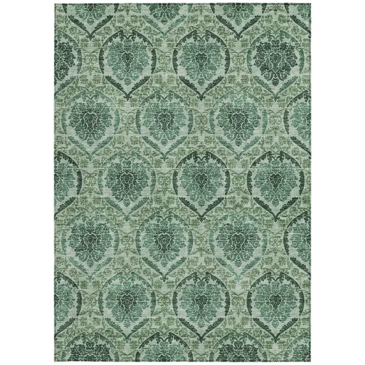 9' X 12' Fern Green And Emerald Medallion Washable Indoor Outdoor Area Rug