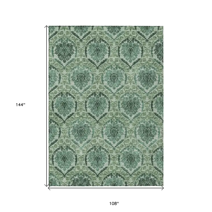9' X 12' Fern Green And Emerald Medallion Washable Indoor Outdoor Area Rug