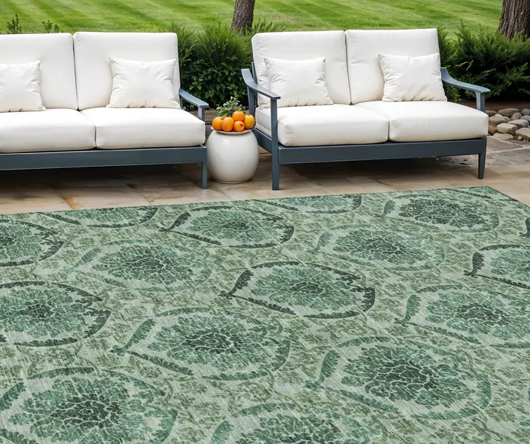 9' X 12' Fern Green And Emerald Medallion Washable Indoor Outdoor Area Rug