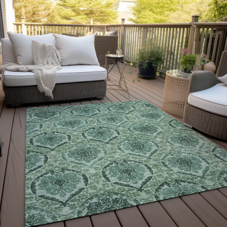 9' X 12' Fern Green And Emerald Medallion Washable Indoor Outdoor Area Rug