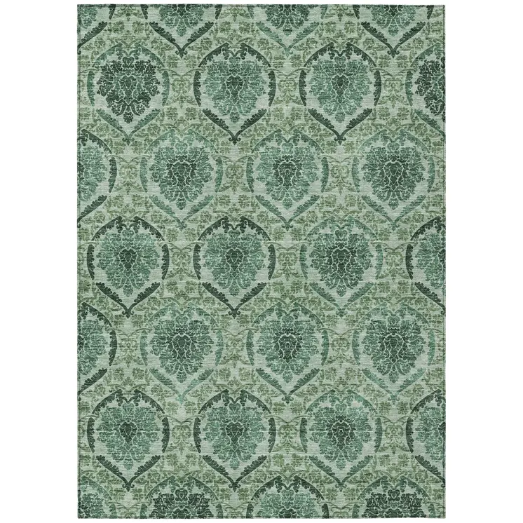 9' X 12' Fern Green And Emerald Medallion Washable Indoor Outdoor Area Rug