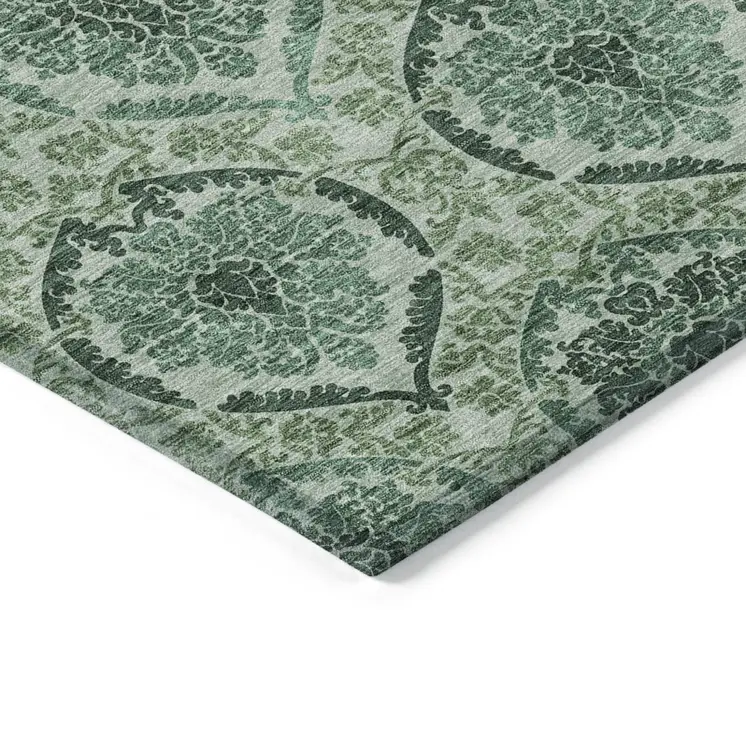 9' X 12' Fern Green And Emerald Medallion Washable Indoor Outdoor Area Rug