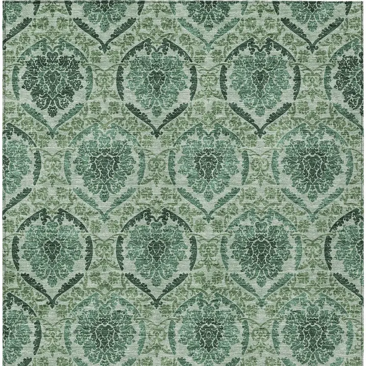 9' X 12' Fern Green And Emerald Medallion Washable Indoor Outdoor Area Rug