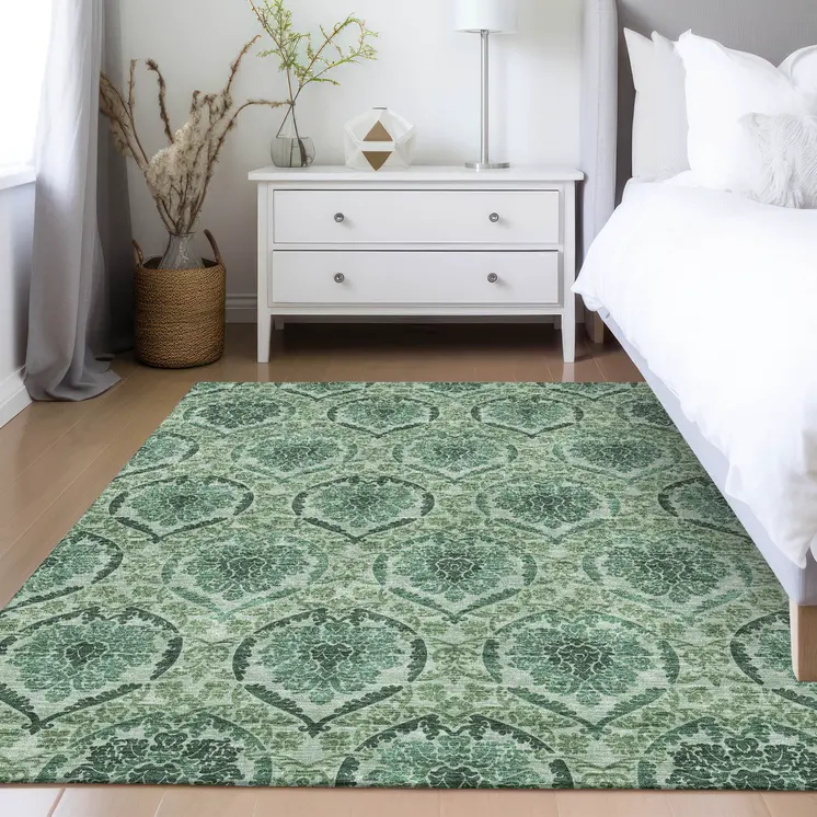 9' X 12' Fern Green And Emerald Medallion Washable Indoor Outdoor Area Rug