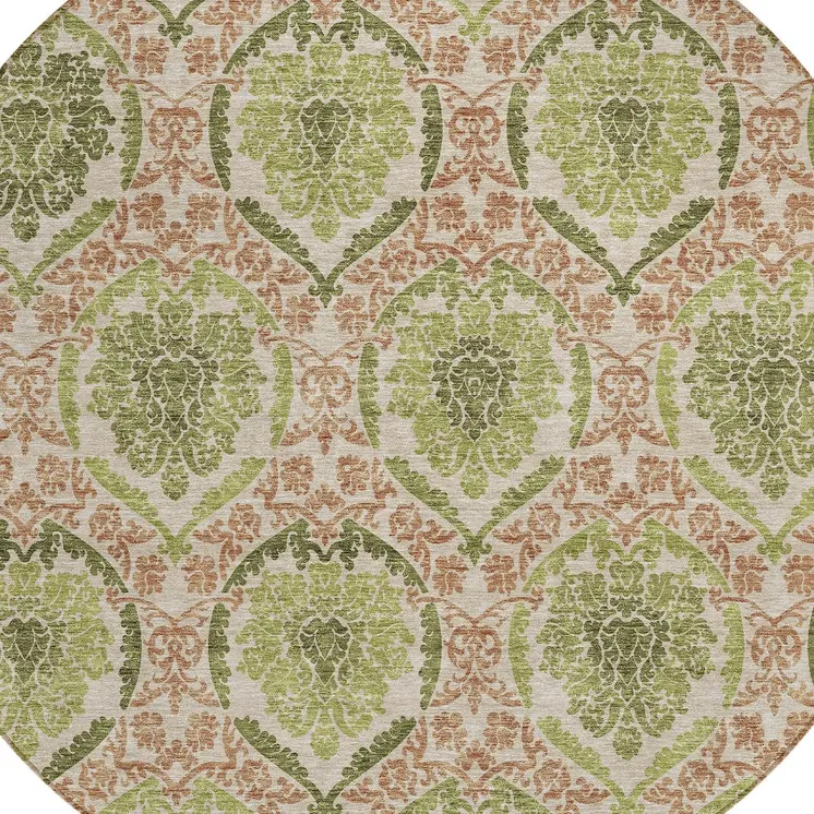 8' Olive Green And Fern Green Round Medallion Washable Indoor Outdoor Area Rug
