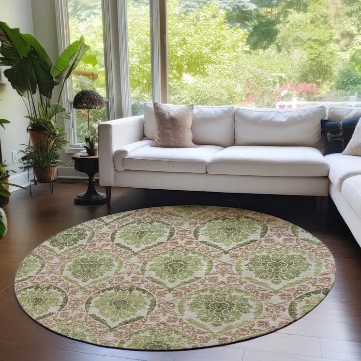 8' Olive Green And Fern Green Round Medallion Washable Indoor Outdoor Area Rug