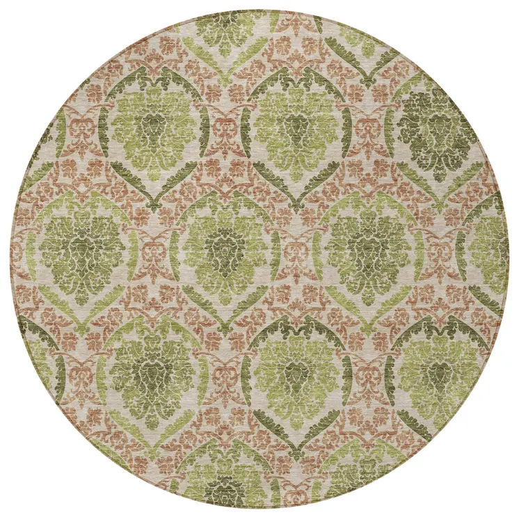 8' Olive Green And Fern Green Round Medallion Washable Indoor Outdoor Area Rug