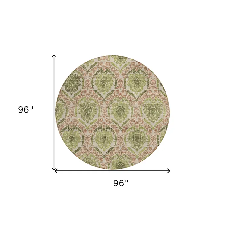 8' Olive Green And Fern Green Round Medallion Washable Indoor Outdoor Area Rug