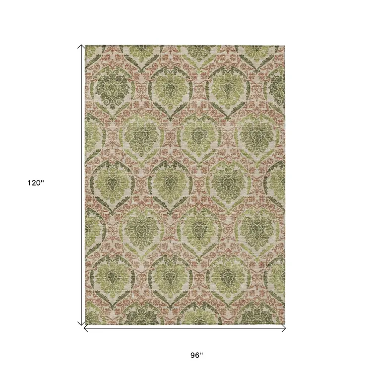 8' X 10' Olive Green And Fern Green Medallion Washable Indoor Outdoor Area Rug