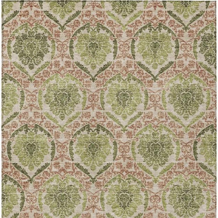 9' X 12' Olive Green And Fern Green Medallion Washable Indoor Outdoor Area Rug