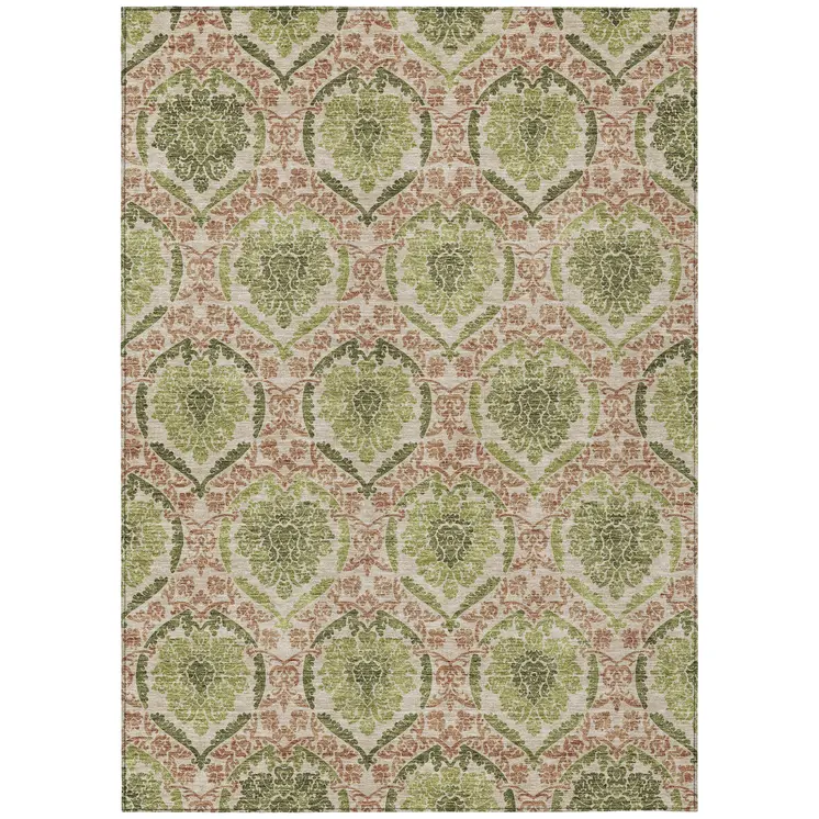 9' X 12' Olive Green And Fern Green Medallion Washable Indoor Outdoor Area Rug