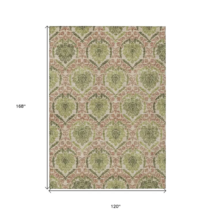 10' X 14' Olive Green And Fern Green Medallion Washable Indoor Outdoor Area Rug
