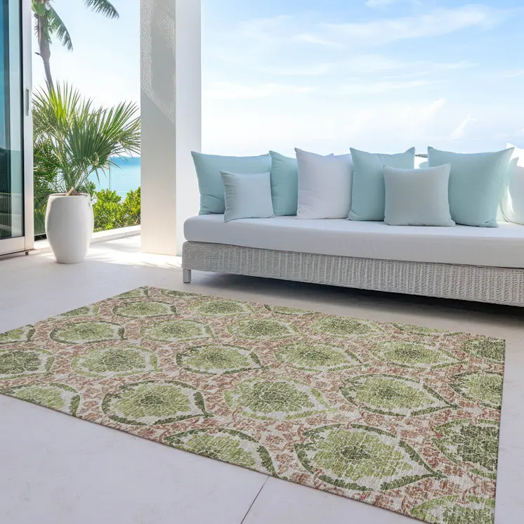 10' X 14' Olive Green And Fern Green Medallion Washable Indoor Outdoor Area Rug