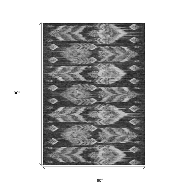 5' X 8' Black Charcoal And Silver Southwestern Washable Indoor Outdoor Area Rug