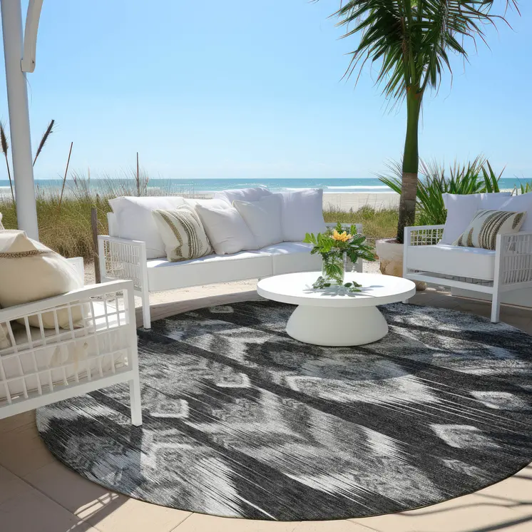 8' Black Charcoal And Silver Round Southwestern Washable Indoor Outdoor Area Rug
