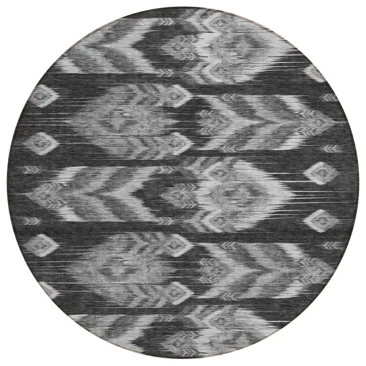 8' Black Charcoal And Silver Round Southwestern Washable Indoor Outdoor Area Rug