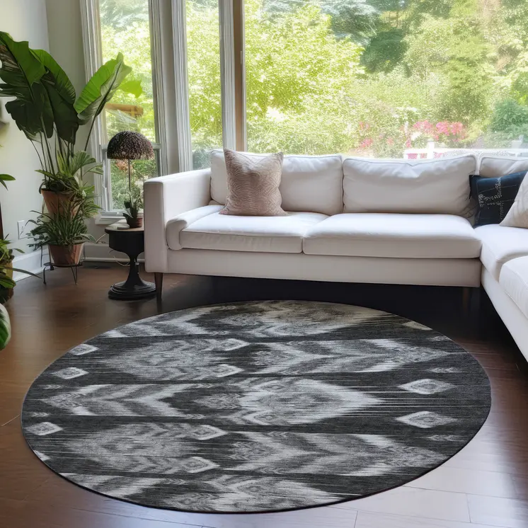 8' Black Charcoal And Silver Round Southwestern Washable Indoor Outdoor Area Rug