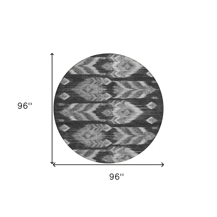 8' Black Charcoal And Silver Round Southwestern Washable Indoor Outdoor Area Rug