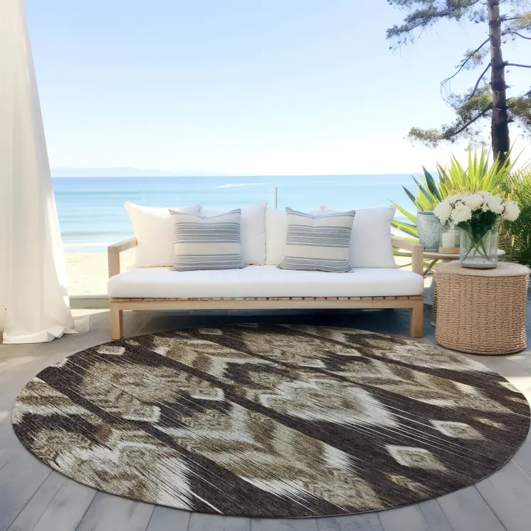 8' Brown Beige And Taupe Round Southwestern Washable Indoor Outdoor Area Rug