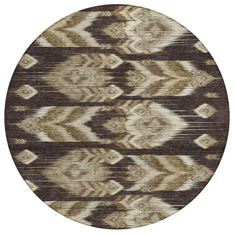 8' Brown Beige And Taupe Round Southwestern Washable Indoor Outdoor Area Rug