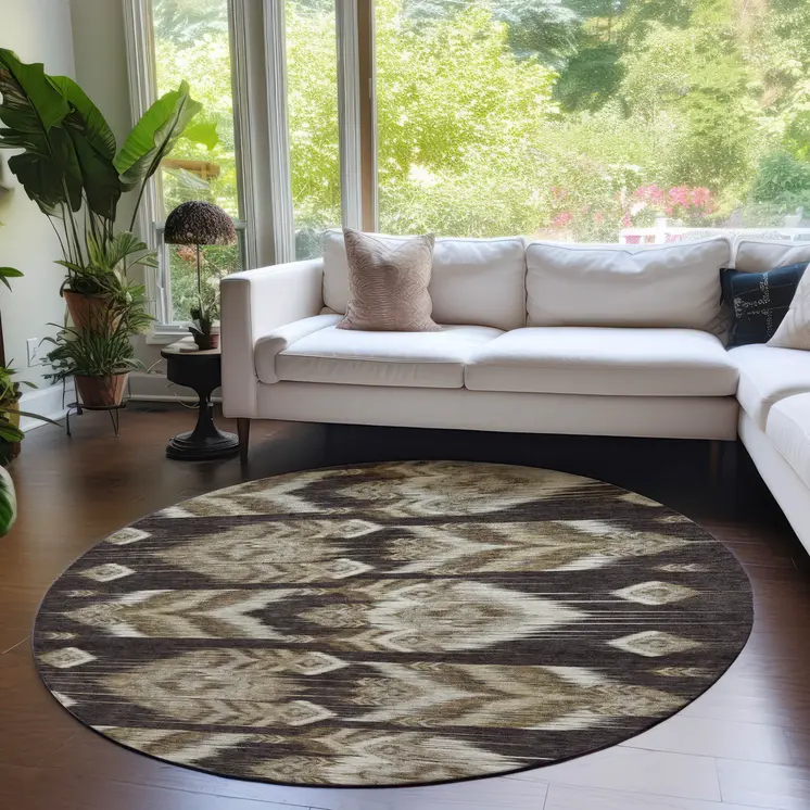 8' Brown Beige And Taupe Round Southwestern Washable Indoor Outdoor Area Rug