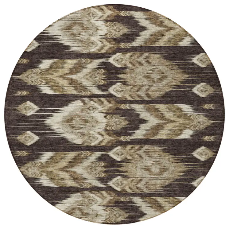 8' Brown Beige And Taupe Round Southwestern Washable Indoor Outdoor Area Rug