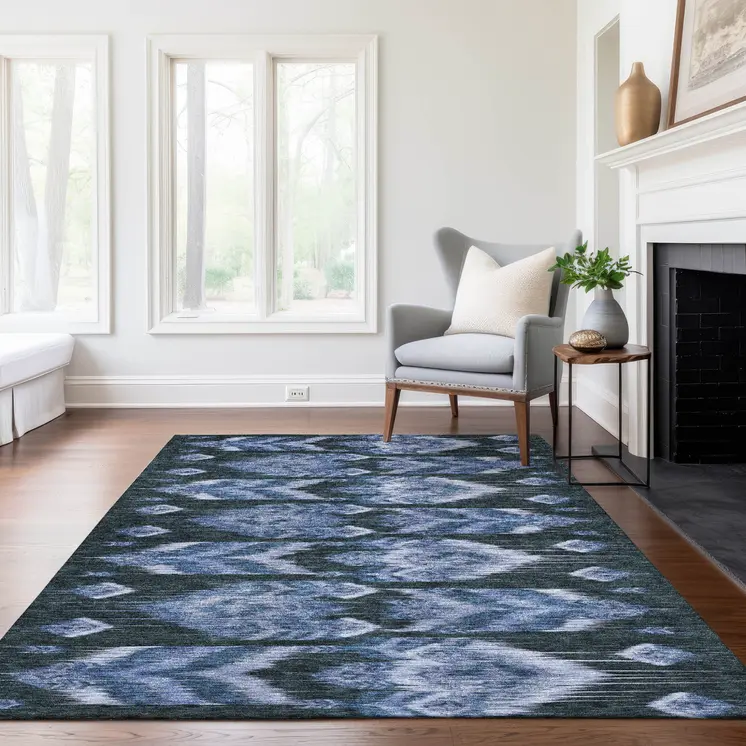 3' X 5' Denim Blue And Sky Blue Southwestern Washable Indoor Outdoor Area Rug