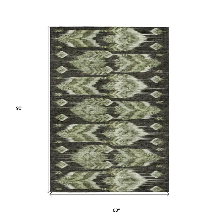 5' X 8' Olive Green And Artichoke Green Southwestern Washable Indoor Outdoor Area Rug