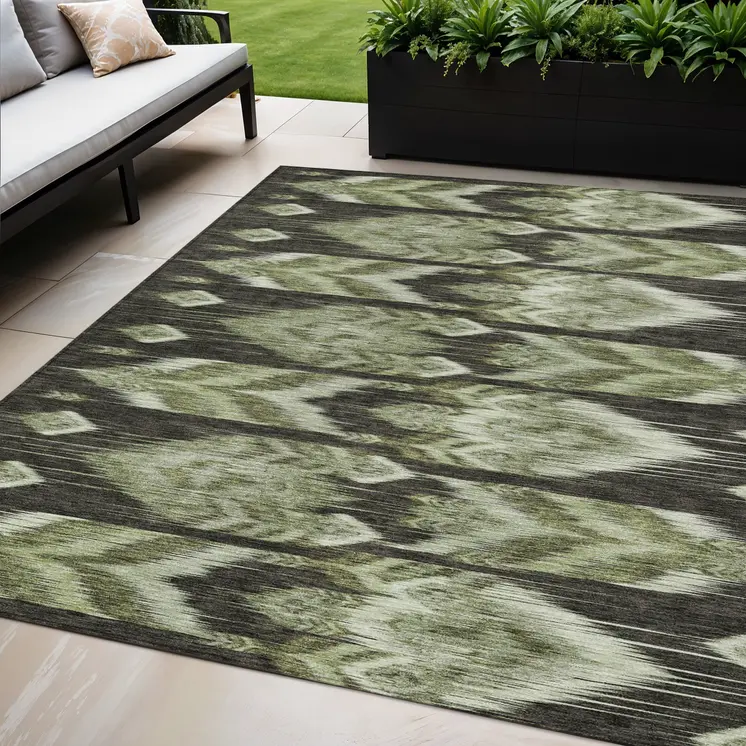 5' X 8' Olive Green And Artichoke Green Southwestern Washable Indoor Outdoor Area Rug