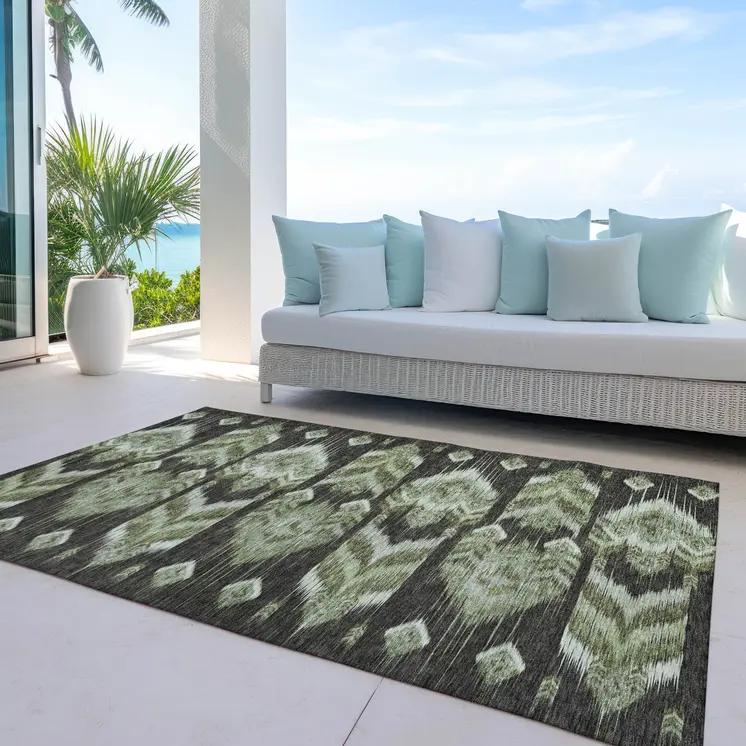 5' X 8' Olive Green And Artichoke Green Southwestern Washable Indoor Outdoor Area Rug