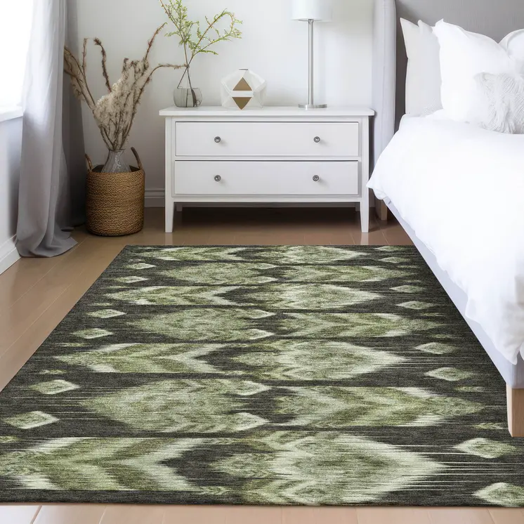 5' X 8' Olive Green And Artichoke Green Southwestern Washable Indoor Outdoor Area Rug