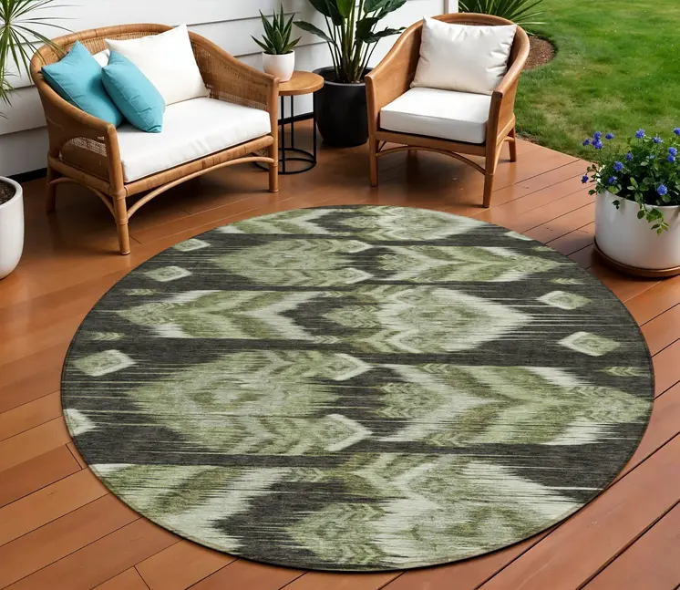 8' Olive Green And Artichoke Green Round Southwestern Washable Indoor Outdoor Area Rug
