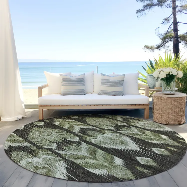 8' Olive Green And Artichoke Green Round Southwestern Washable Indoor Outdoor Area Rug